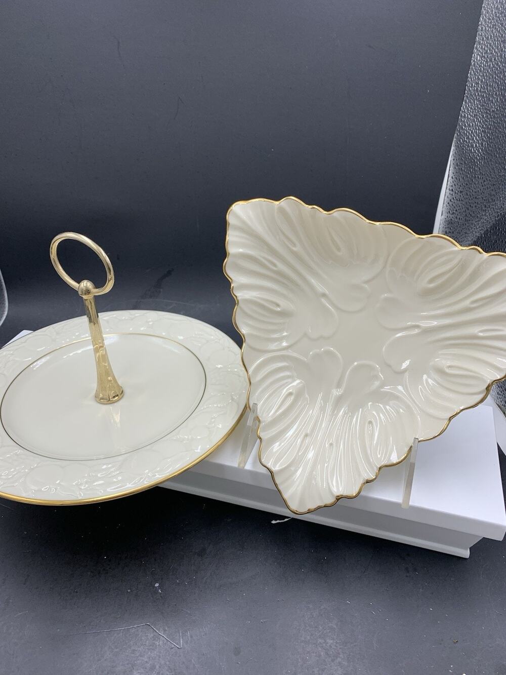 Lot of 2 Lenox Serving Pieces - Fruits of Life Tidbit Tray - Triad Leaf Embossed